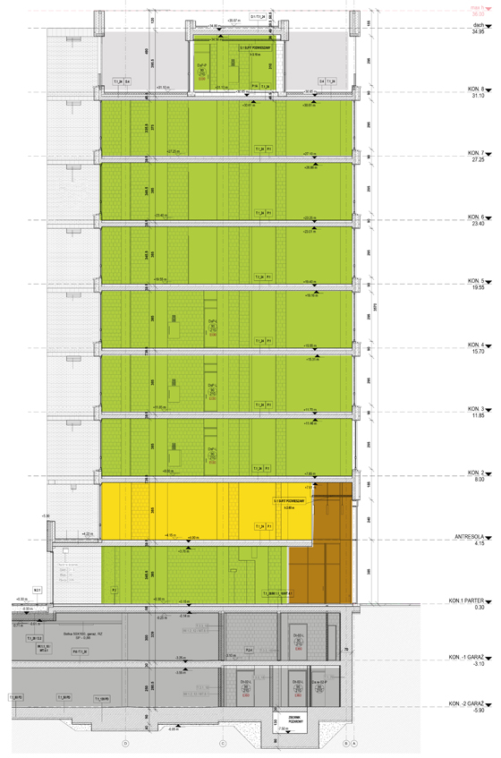 Przekrój budynku pokazujący piętra
